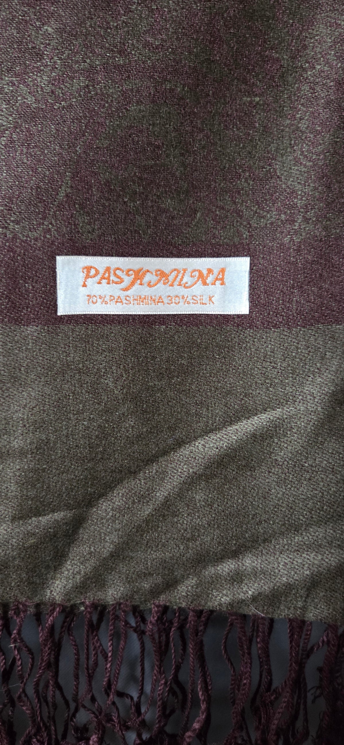 VTG Reversible Jacquard Paisley Pashmina Shawl / Scarf Brown & Olive with Fringe POS Nerds