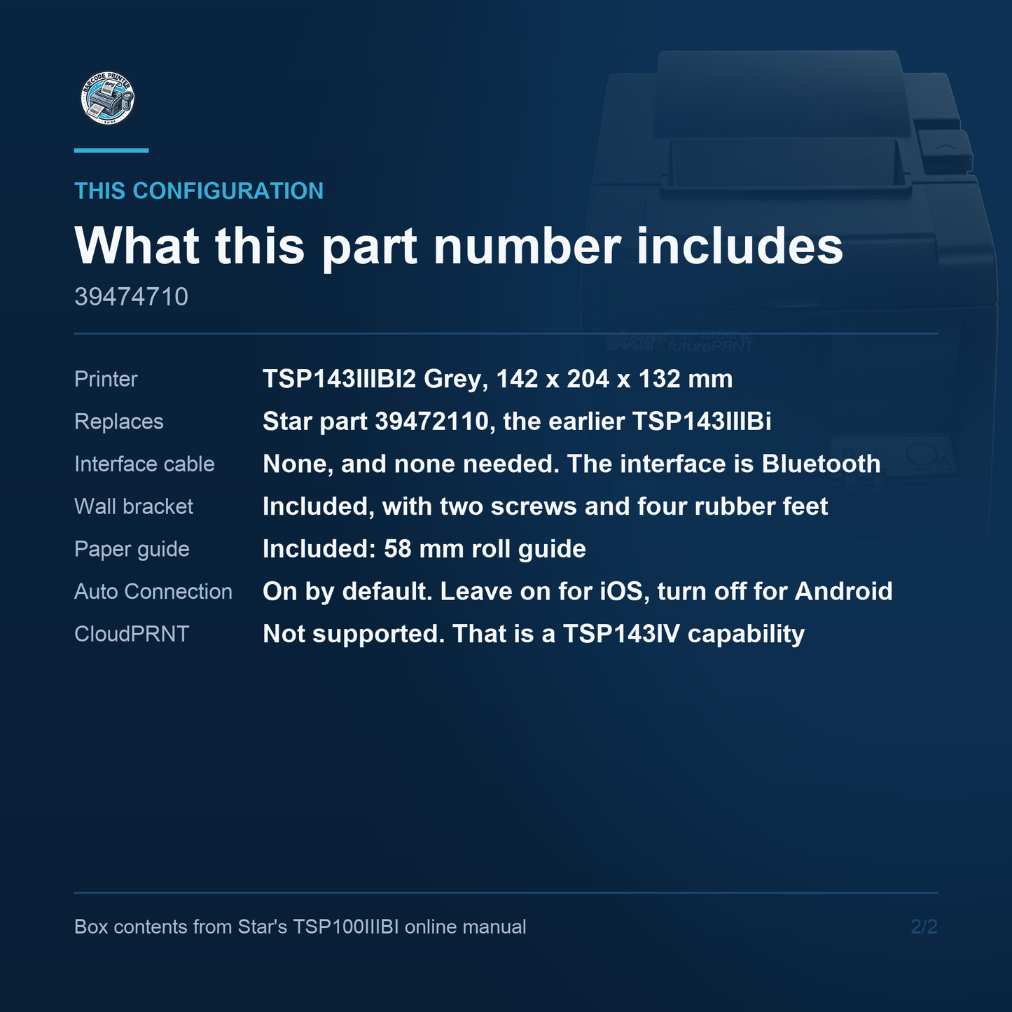 Star Micronics TSP143IIIBI2 Thermal Receipt Printer 250 mm/sec Bluetooth Auto Cutter Grey 39474710 Barcode Printer Shop
