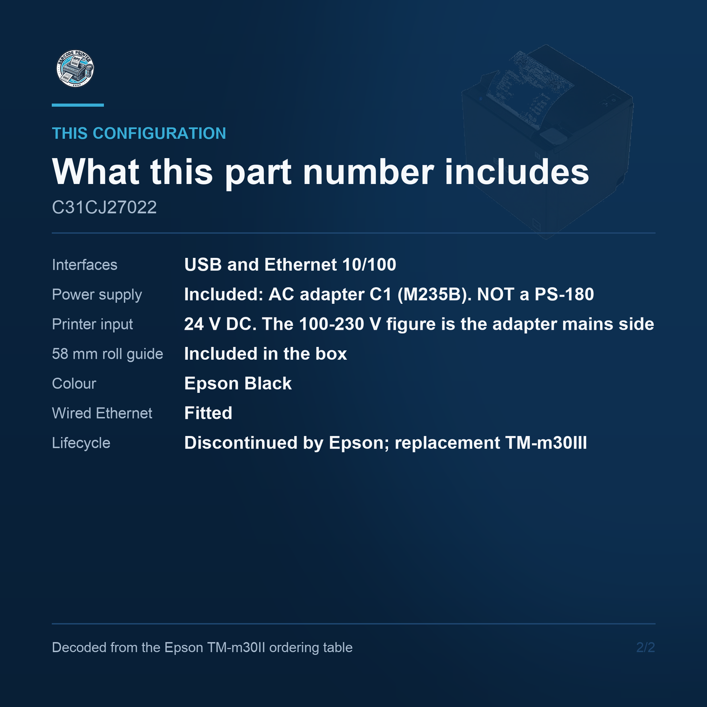 Epson OmniLink TM-m30II Compact Thermal Receipt Printer 250 mm/sec USB and Ethernet C31CJ27022 Barcode Printer Shop