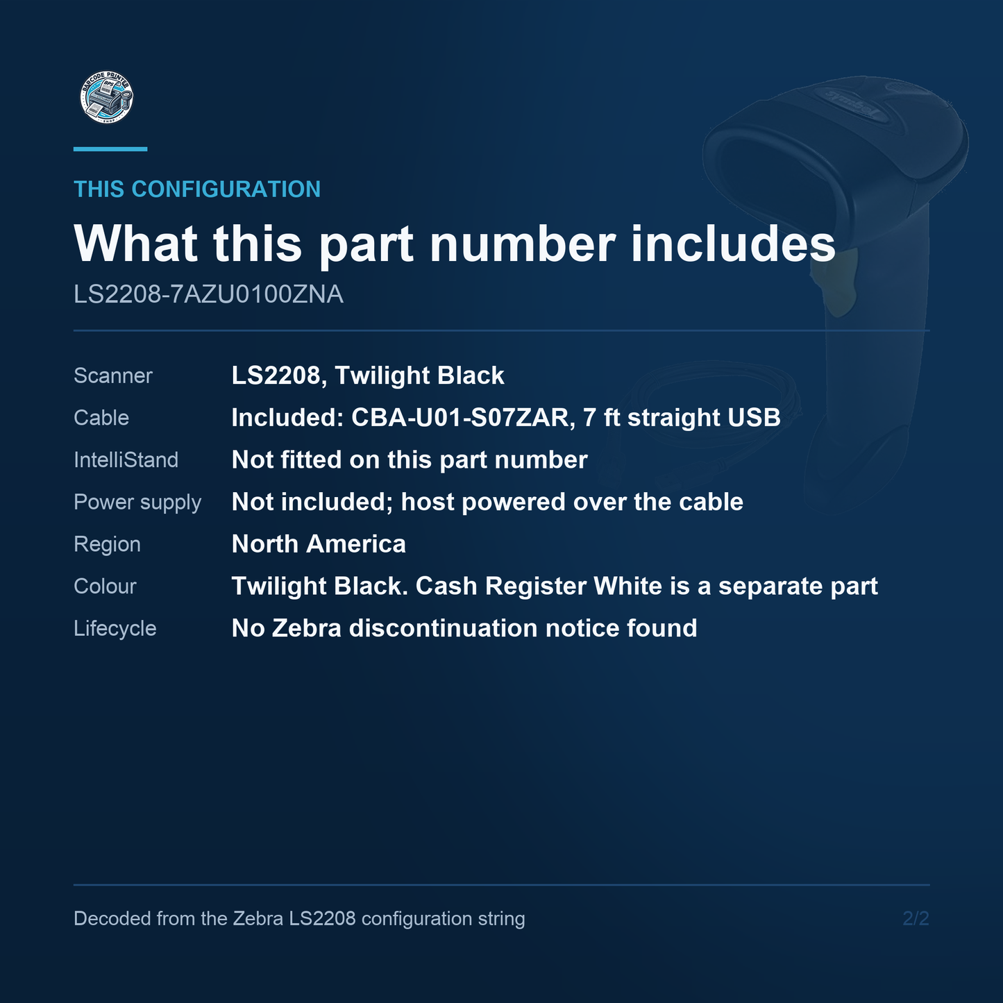 Zebra LS2208 Corded 1D Laser Barcode Scanner Twilight Black USB Kit with Cable No Stand LS2208-7AZU0100ZNA Barcode Printer Shop
