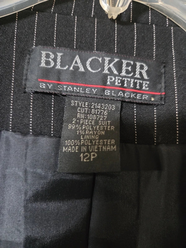 Vintage Stanley Blacker Petite 2pc Pinstripe Suit Black Tailored Blazer- 12P POS Nerds