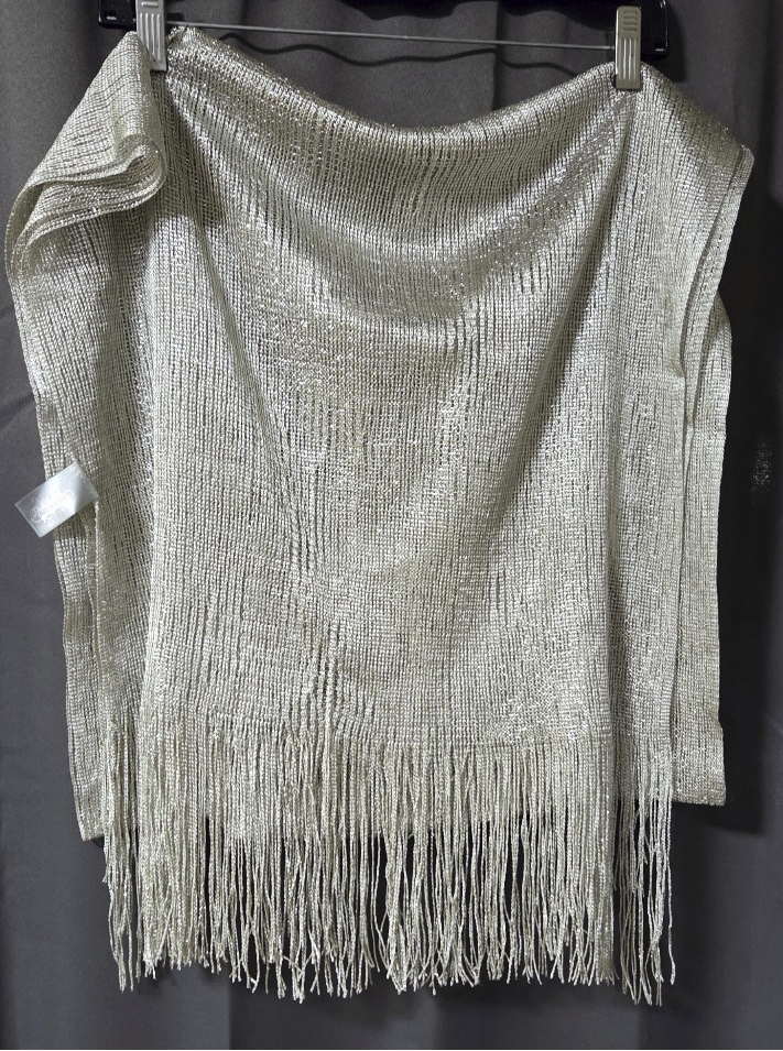 Vintage Silver Metallic Lame Scarf Shimmer Evening Shawl Wrap with Fringe POS Nerds