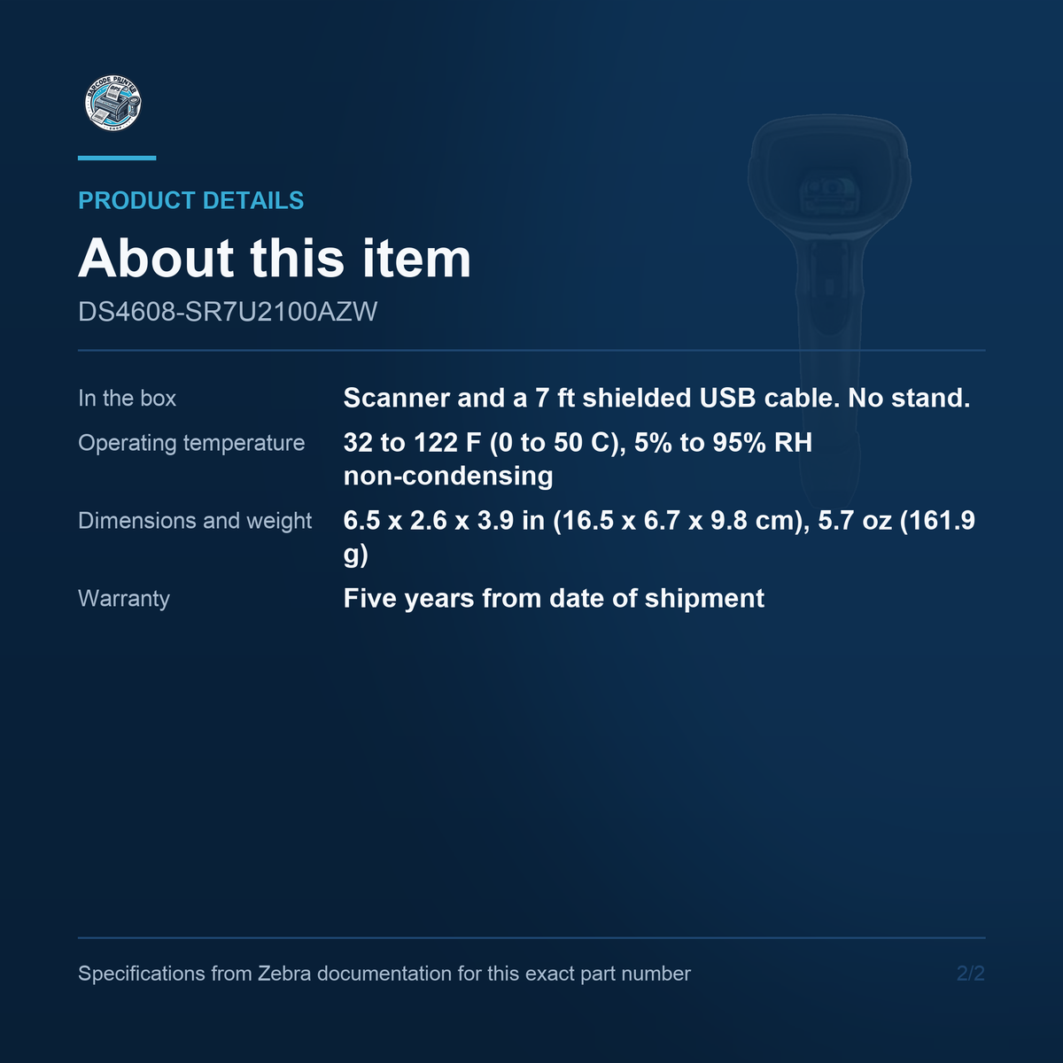 Zebra DS4608 2D Barcode Scanner Corded USB Cable Kit DS4608-SR7U2100AZW Barcode Printer Shop