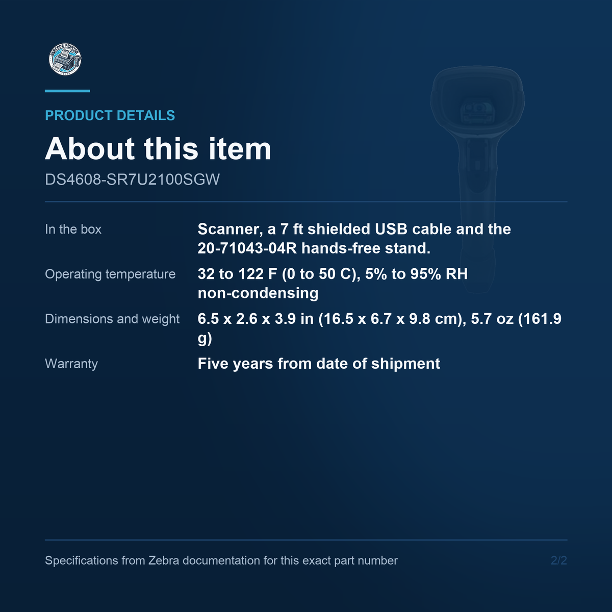 Zebra DS4608 2D Barcode Scanner USB Cable and Hands-Free Stand Kit DS4608-SR7U2100SGW Barcode Printer Shop
