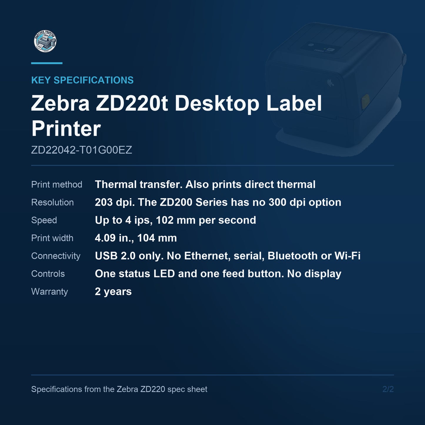 Zebra ZD220t 4-Inch Desktop Thermal Transfer Label Printer 203 dpi 4 ips USB Ribbon Not Included ZD22042-T01G00EZ Barcode Printer Shop
