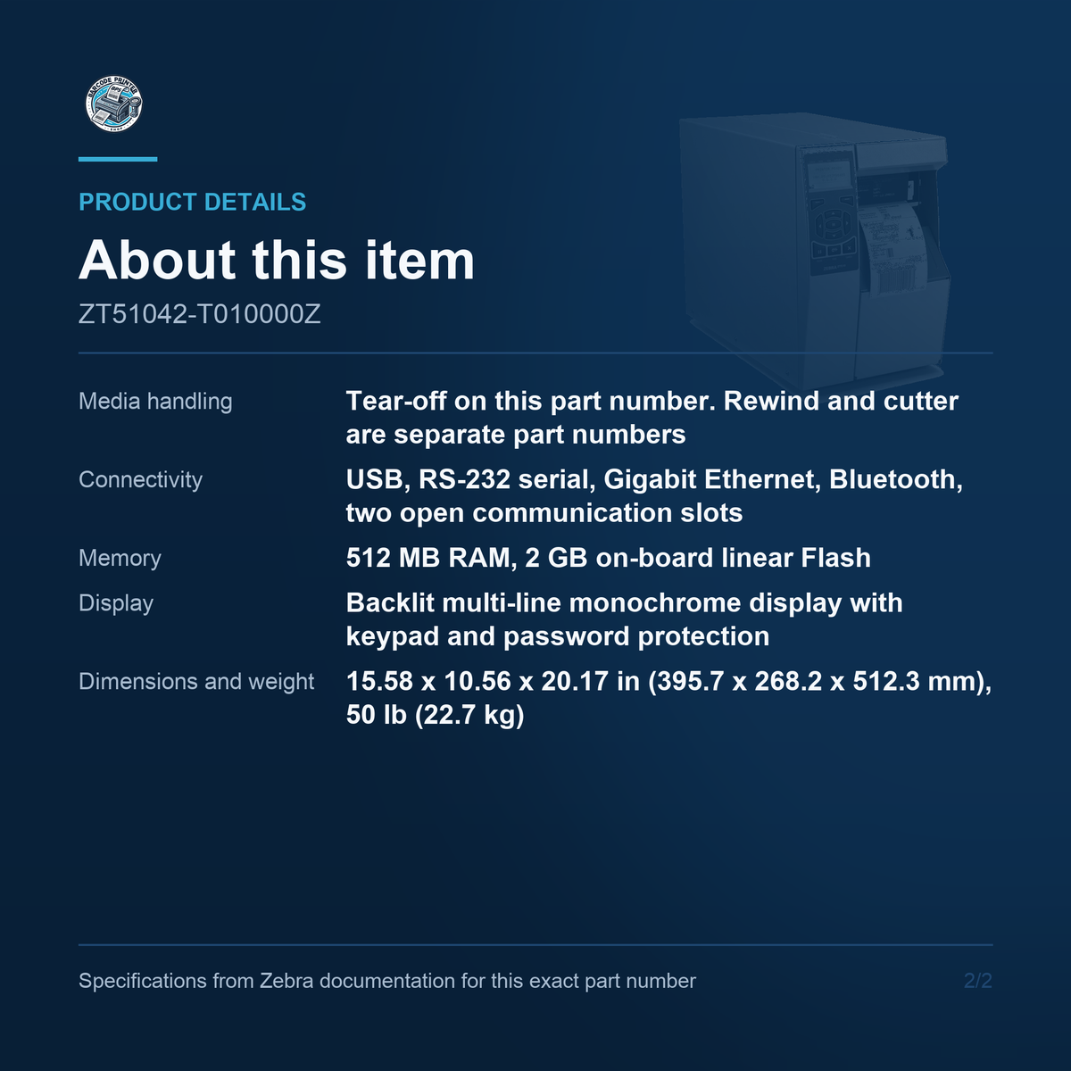 Zebra ZT510 4-Inch Industrial Thermal Transfer Label Printer 203 dpi 12 ips Gigabit Ethernet Bluetooth ZT51042-T010000Z Barcode Printer Shop