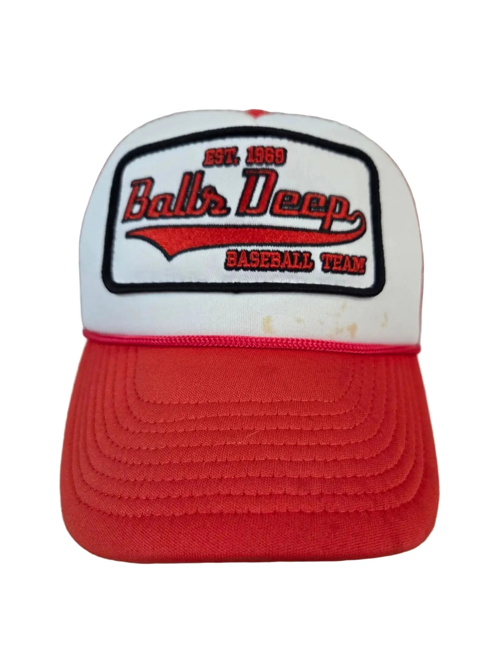Spirit Halloween Balls Deep Baseball Team Trucker Hat Red White Mesh Snapback POS Nerds