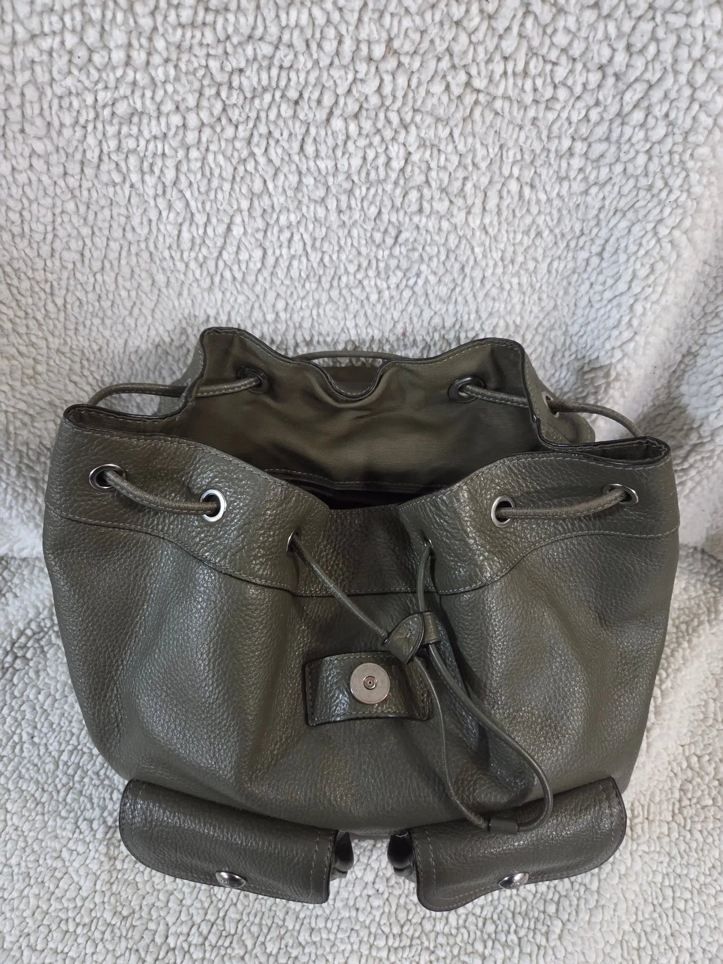 Coach Pennie Pebbled Drawstring Leather Backpack ~ Olive Green POS Nerds