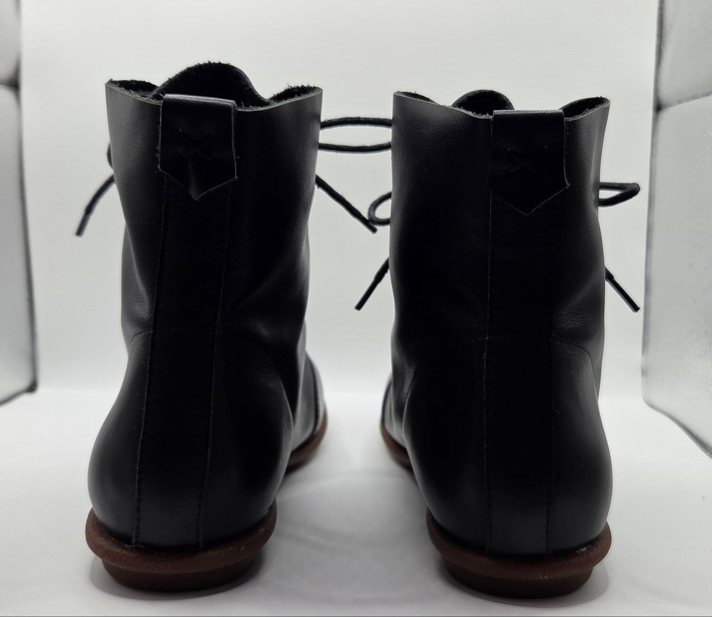 Painted Shell Black Leather Minimalist Lace Up Cap Toe Ankle Boots- EU 38/ 7.5-8 POS Nerds