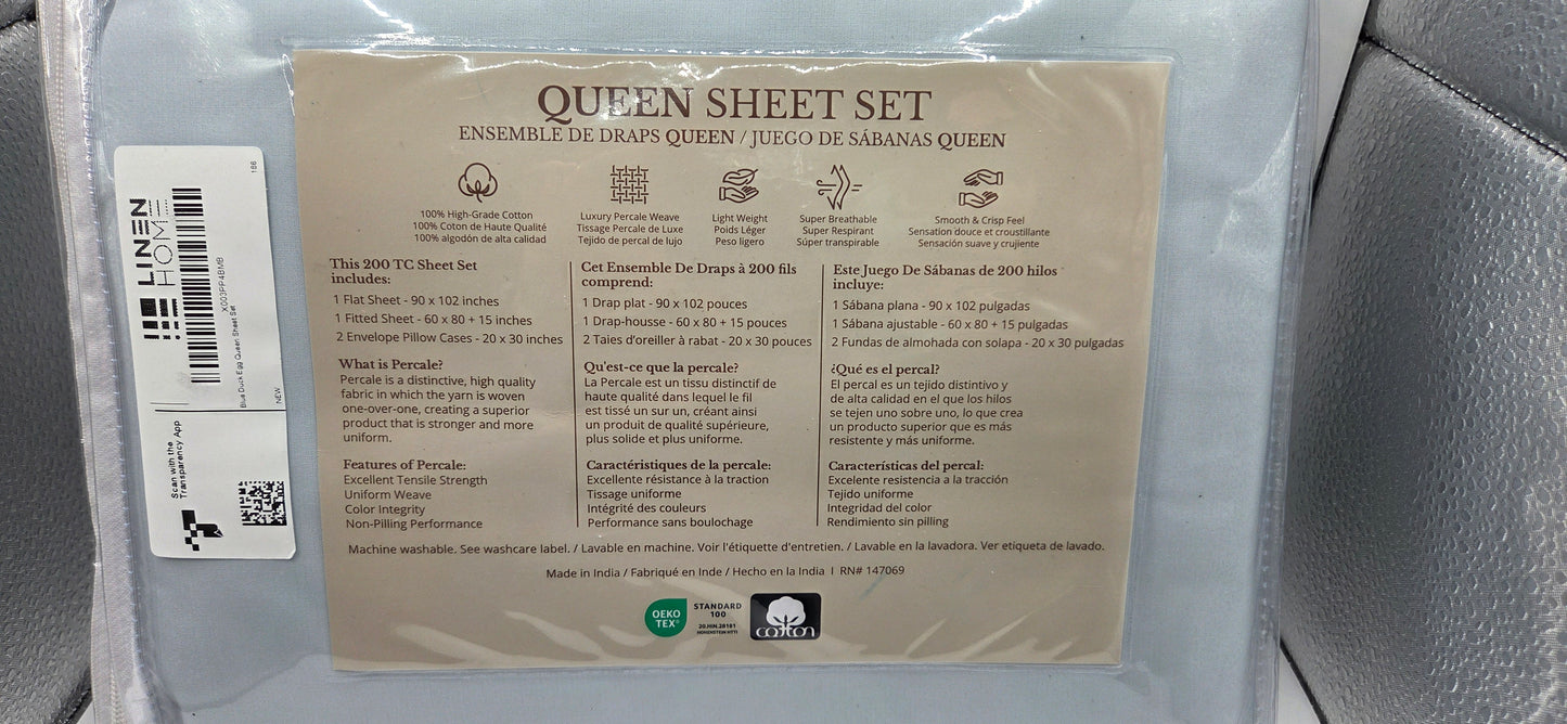 New Linen Home~Queen Size Sheet Set~200 Thread Percale~Blue Duck Egg~100% Cotton POS Nerds