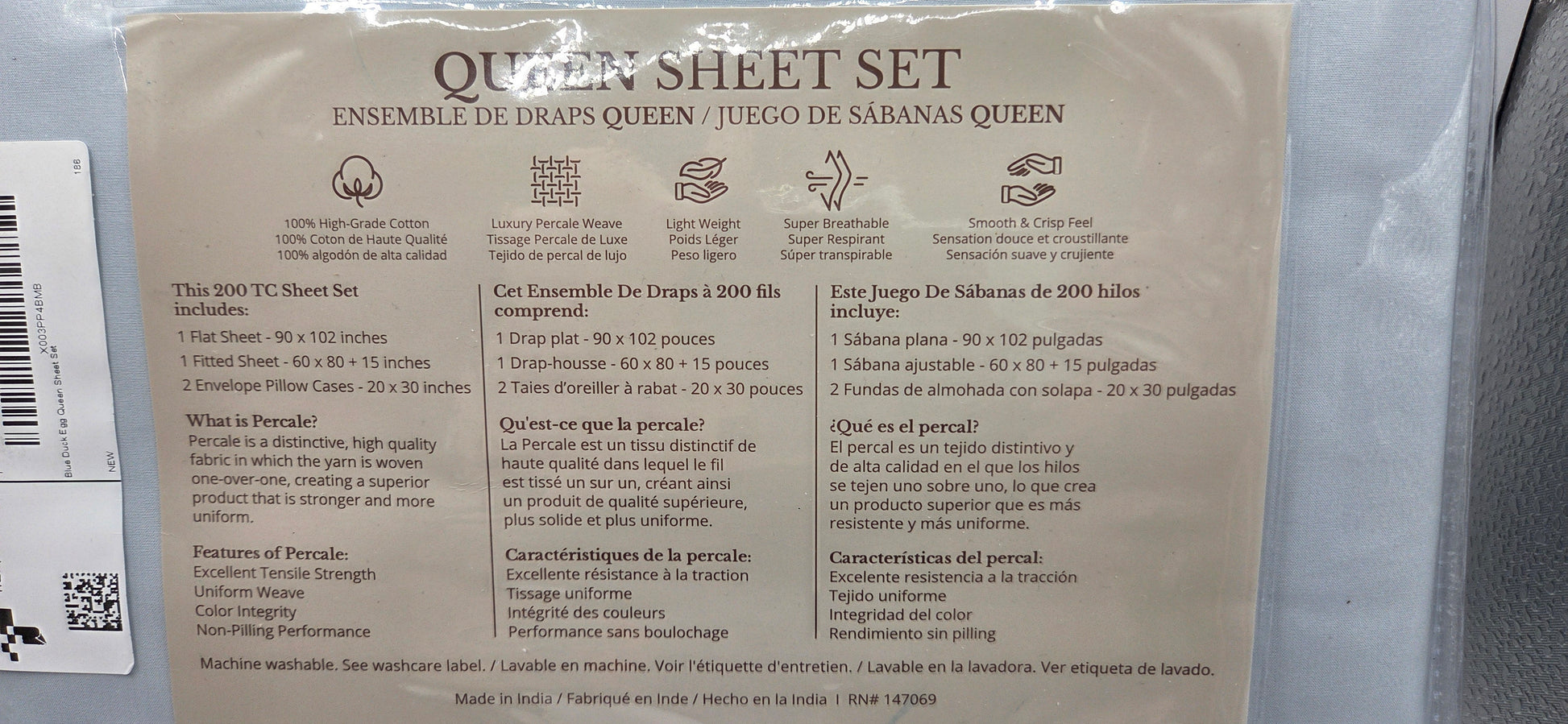 New Linen Home~Queen Size Sheet Set~200 Thread Percale~Blue Duck Egg~100% Cotton POS Nerds