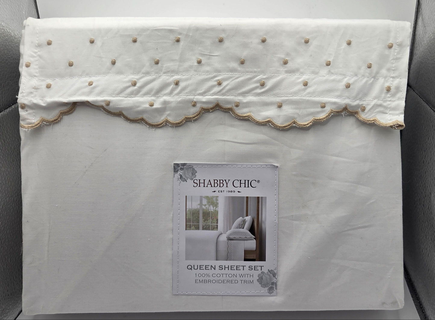 Shabby Chic White Queen Sheet Set ~ 100% Cotton Embroidered Trim ~ 4 Piece POS Nerds