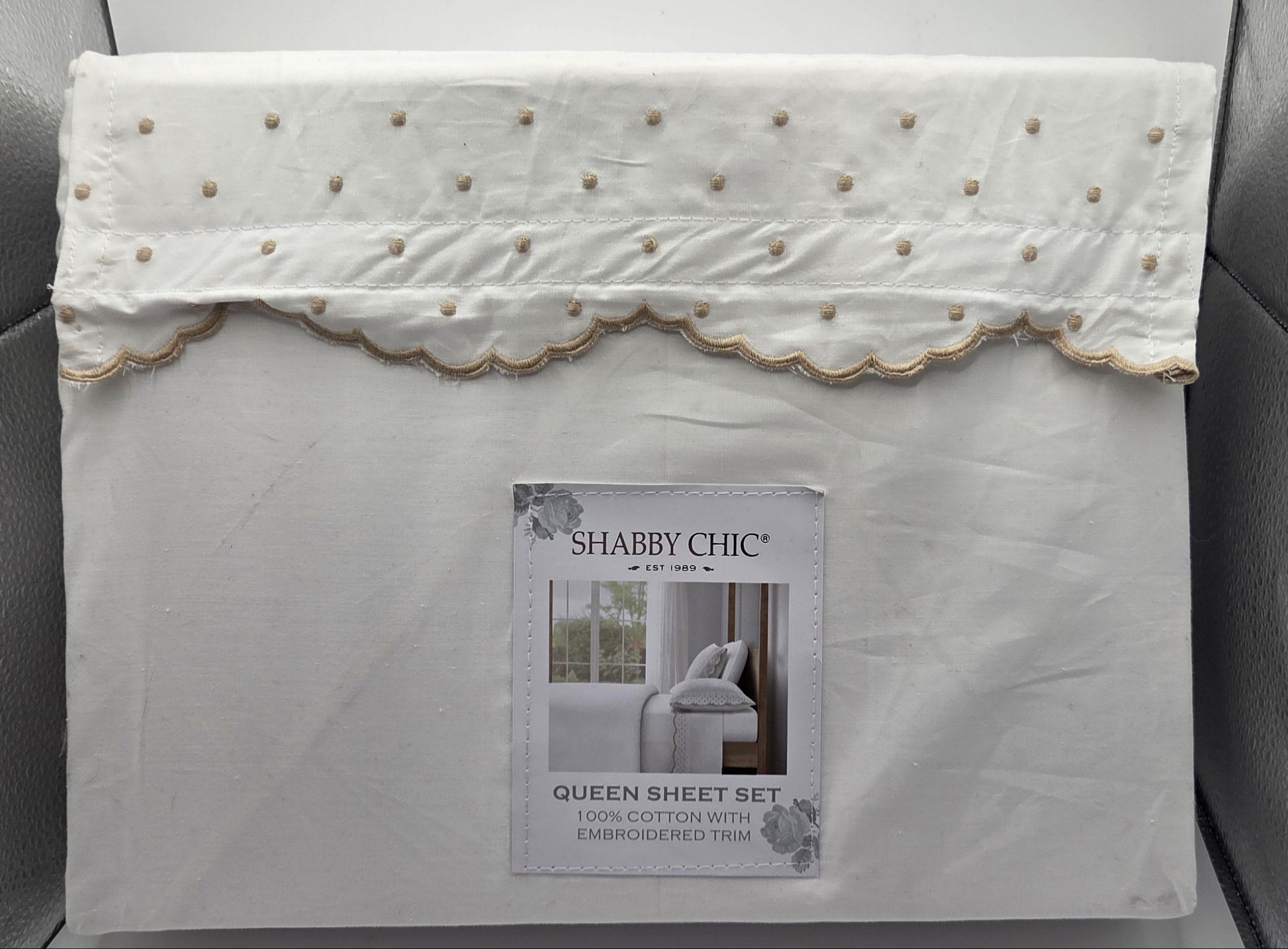 Shabby Chic White Queen Sheet Set ~ 100% Cotton Embroidered Trim ~ 4 Piece POS Nerds