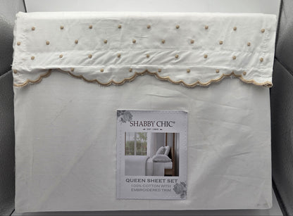 Shabby Chic White Queen Sheet Set ~ 100% Cotton Embroidered Trim ~ 4 Piece POS Nerds