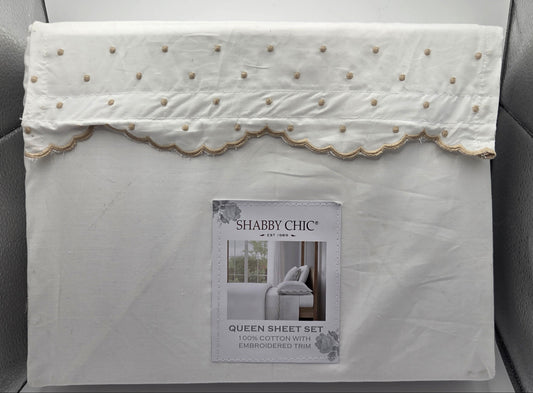 Shabby Chic White Queen Sheet Set ~ 100% Cotton Embroidered Trim ~ 4 Piece POS Nerds