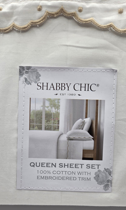 Shabby Chic White Queen Sheet Set ~ 100% Cotton Embroidered Trim ~ 4 Piece POS Nerds