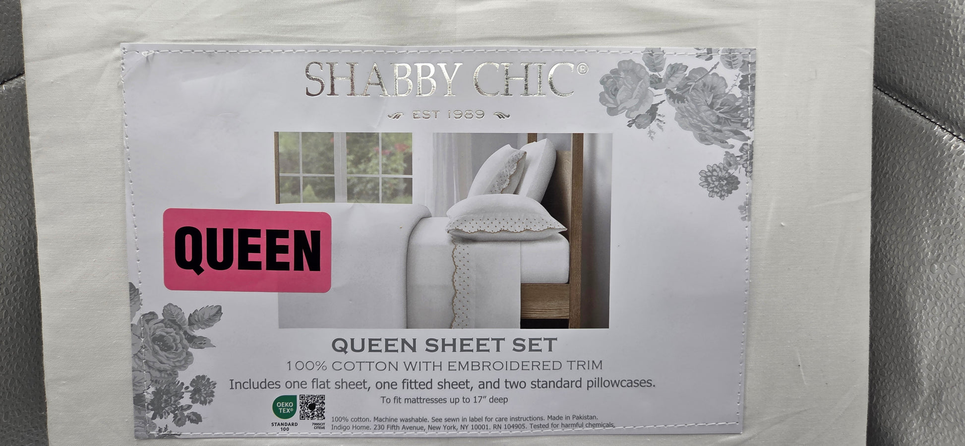 Shabby Chic White Queen Sheet Set ~ 100% Cotton Embroidered Trim ~ 4 Piece POS Nerds