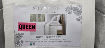 Shabby Chic White Queen Sheet Set ~ 100% Cotton Embroidered Trim ~ 4 Piece POS Nerds