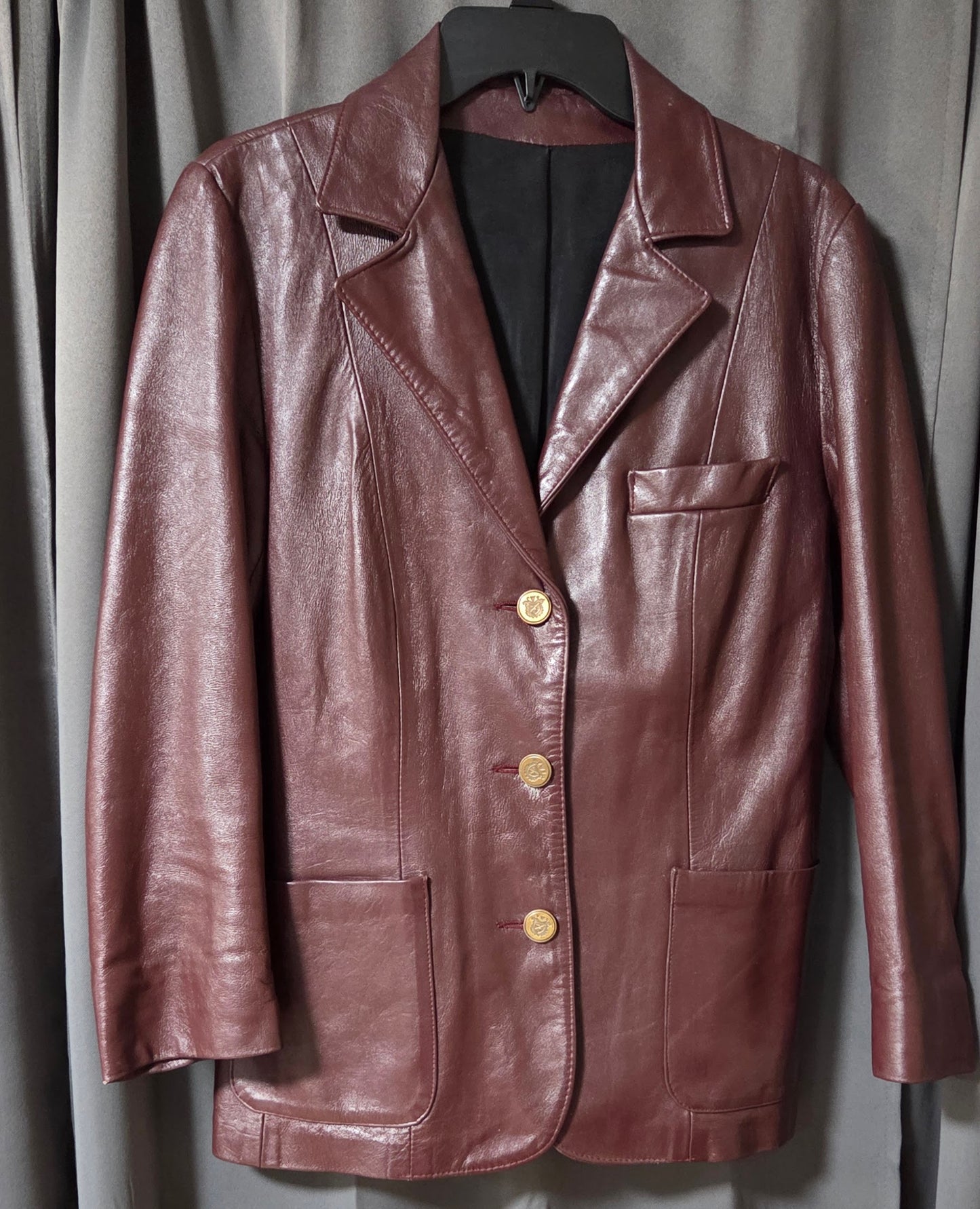 Vintage Women’s Genuine Leather Blazer Jacket– Deep Burgundy– Gold Crest Buttons POS Nerds