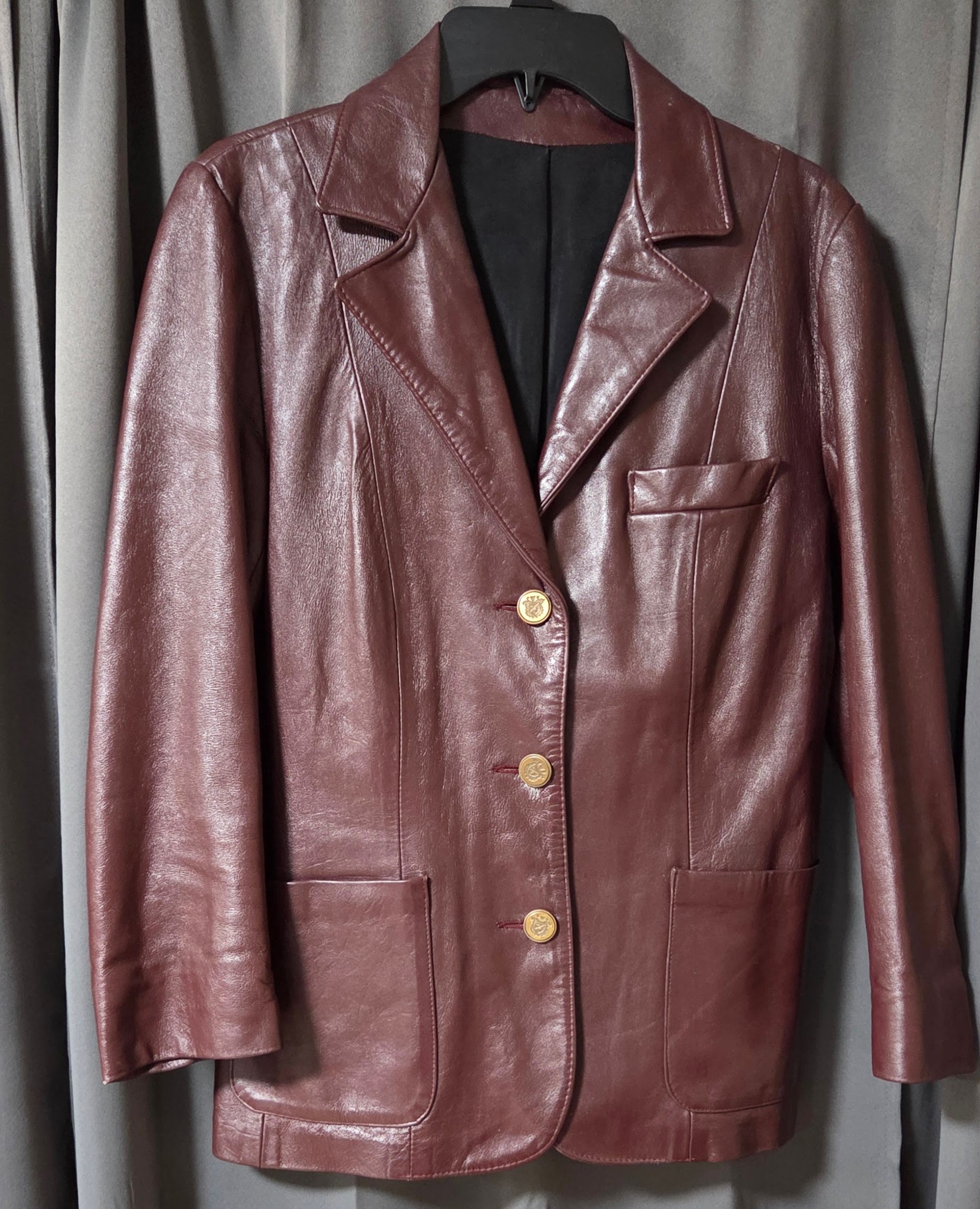 Vintage Women’s Genuine Leather Blazer Jacket– Deep Burgundy– Gold Crest Buttons POS Nerds