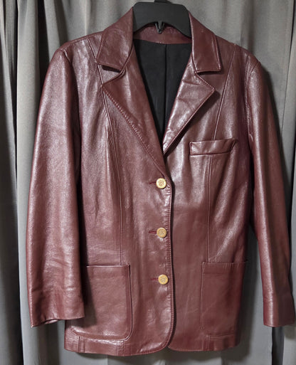 Vintage Women’s Genuine Leather Blazer Jacket– Deep Burgundy– Gold Crest Buttons POS Nerds