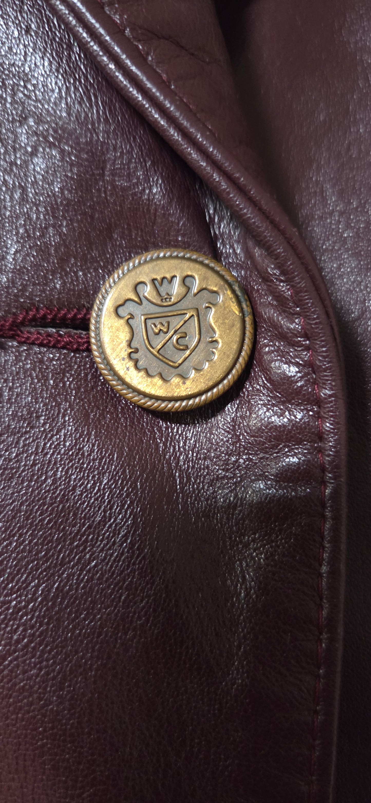 Vintage Women’s Genuine Leather Blazer Jacket– Deep Burgundy– Gold Crest Buttons POS Nerds