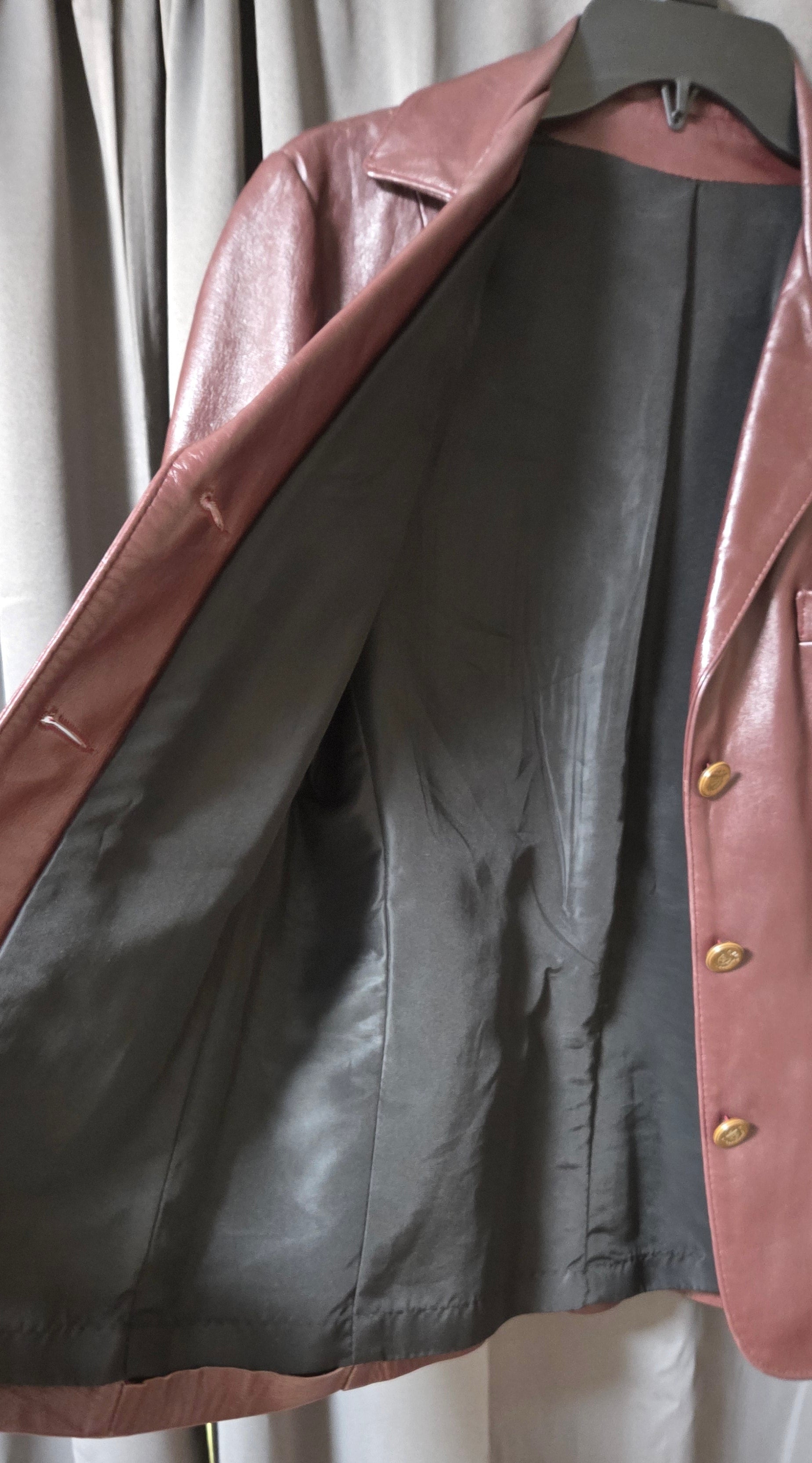 Vintage Women’s Genuine Leather Blazer Jacket– Deep Burgundy– Gold Crest Buttons POS Nerds