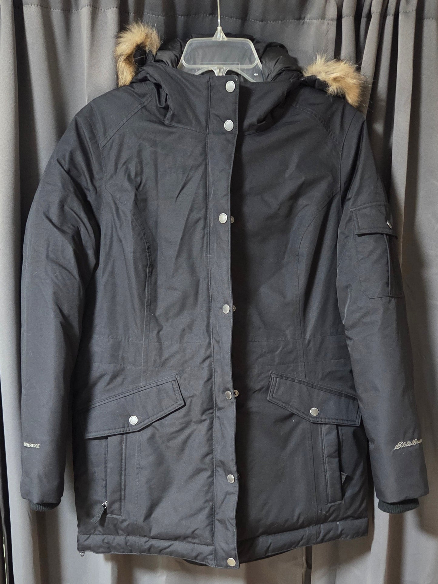 Eddie Bauer Superior Down Parka Jacket Black Faux Fur Hood Women's Size PL POS Nerds