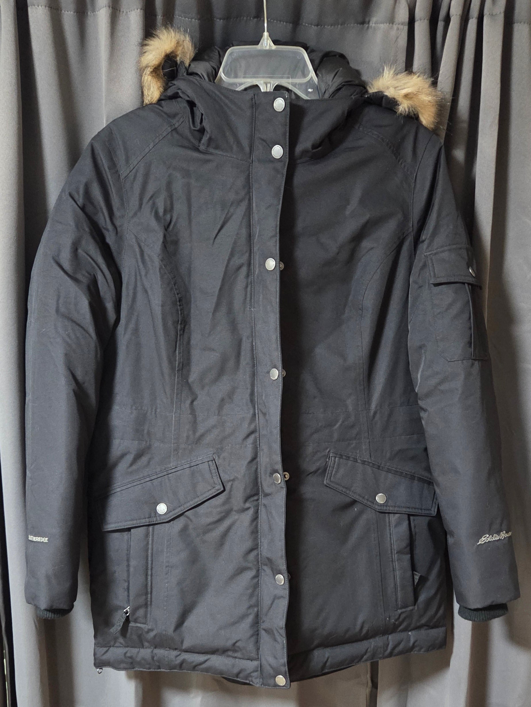 Eddie Bauer Superior Down Parka Jacket Black Faux Fur Hood Women's Size PL POS Nerds