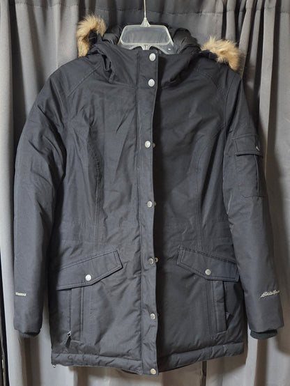 Eddie Bauer Superior Down Parka Jacket Black Faux Fur Hood Women's Size PL POS Nerds