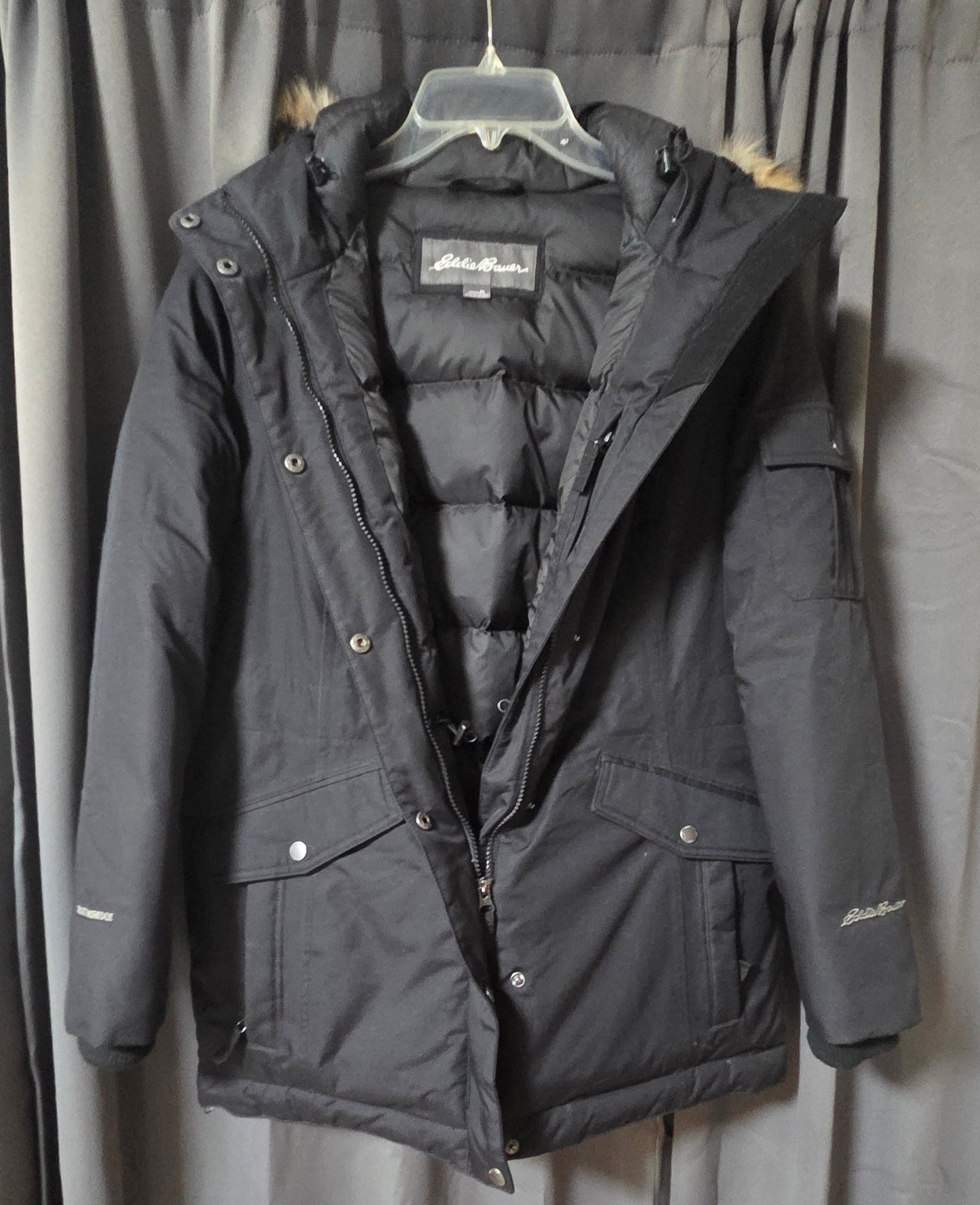 Eddie Bauer Superior Down Parka Jacket Black Faux Fur Hood Women's Size PL POS Nerds