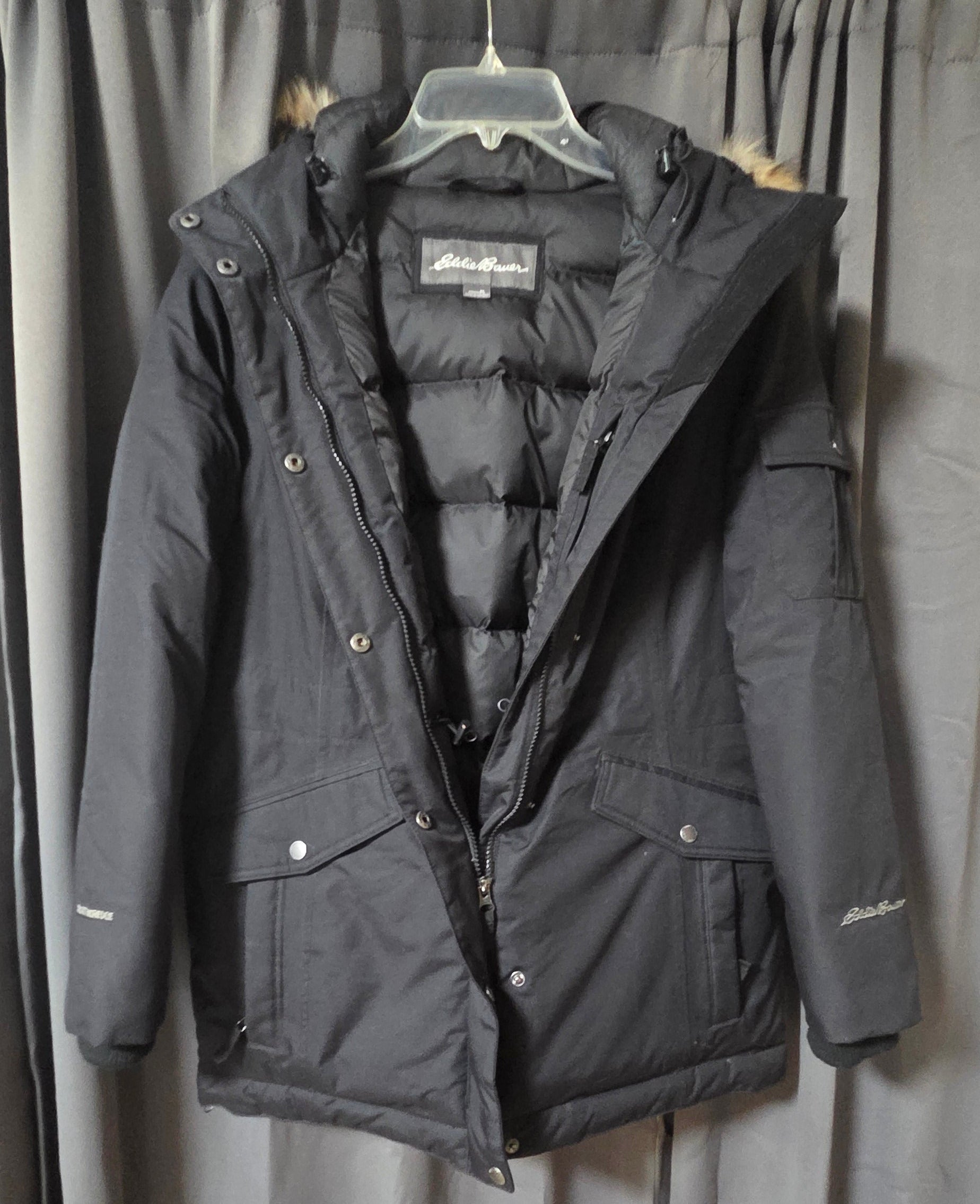 Eddie Bauer Superior Down Parka Jacket Black Faux Fur Hood Women's Size PL POS Nerds