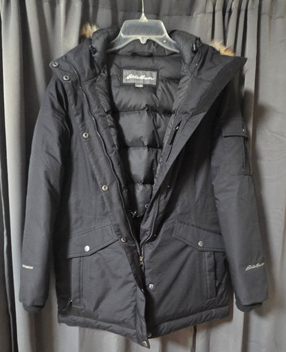 Eddie Bauer Superior Down Parka Jacket Black Faux Fur Hood Women's Size PL POS Nerds