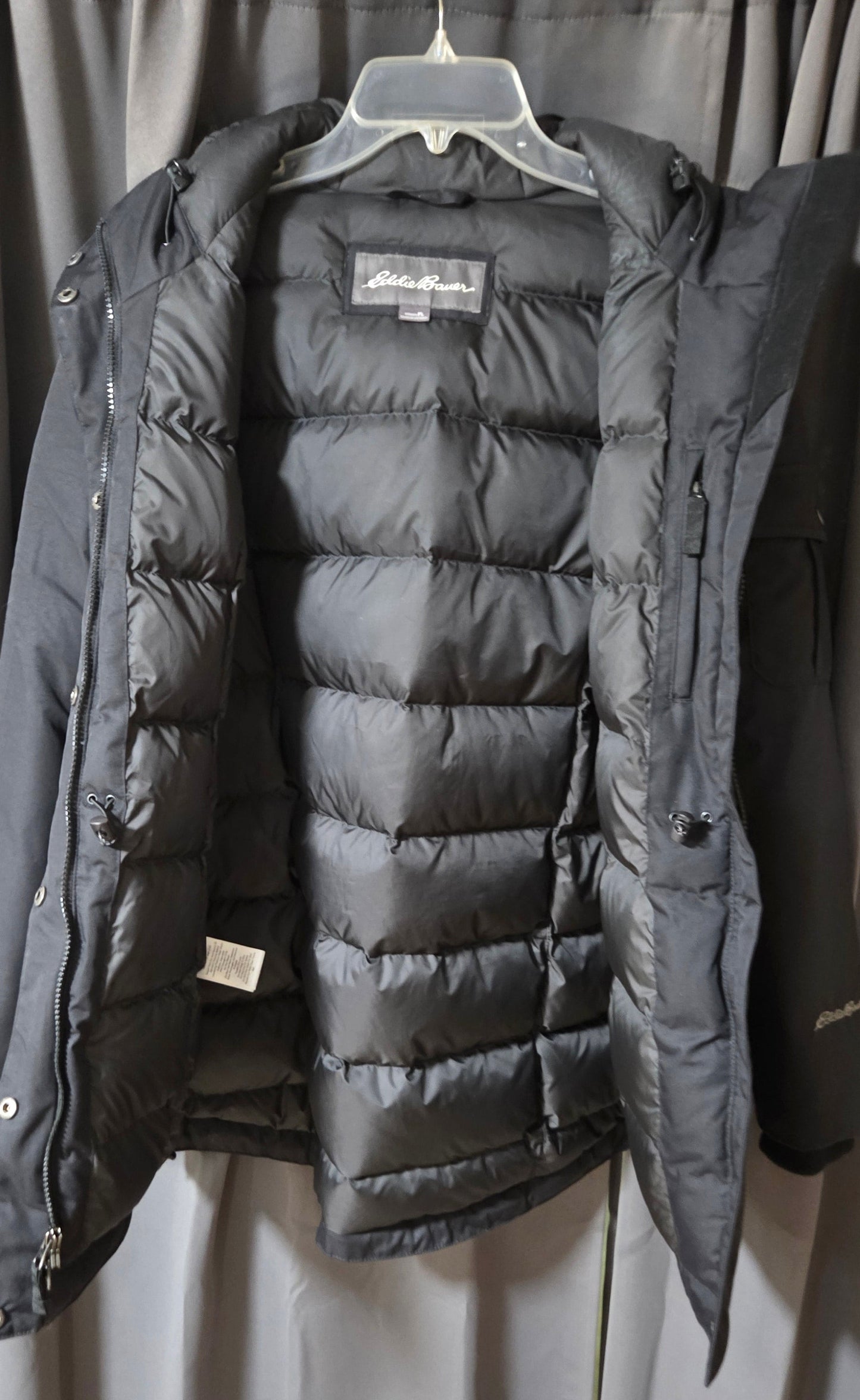 Eddie Bauer Superior Down Parka Jacket Black Faux Fur Hood Women's Size PL POS Nerds