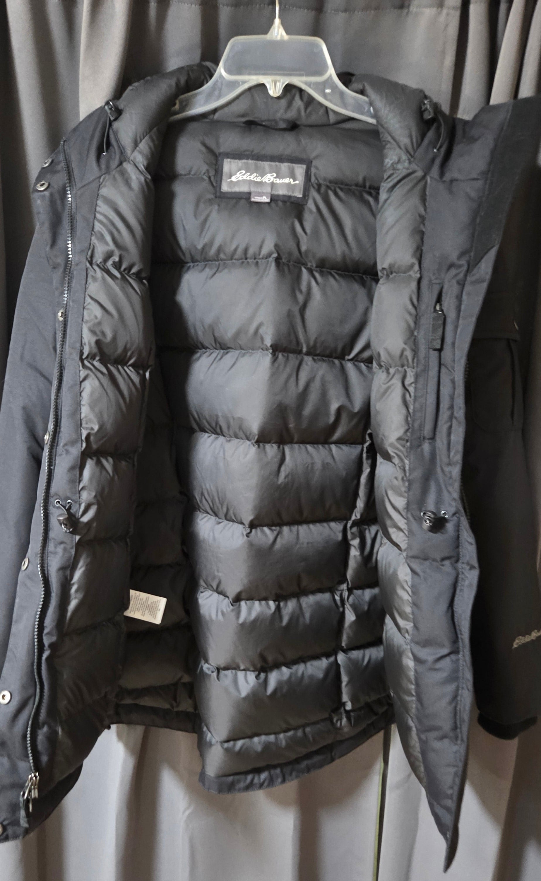 Eddie Bauer Superior Down Parka Jacket Black Faux Fur Hood Women's Size PL POS Nerds