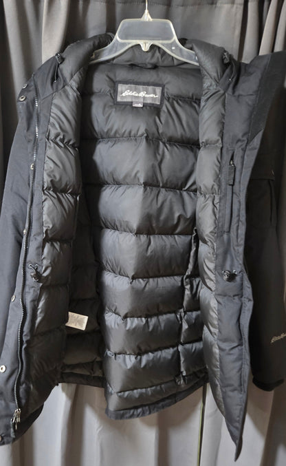 Eddie Bauer Superior Down Parka Jacket Black Faux Fur Hood Women's Size PL POS Nerds