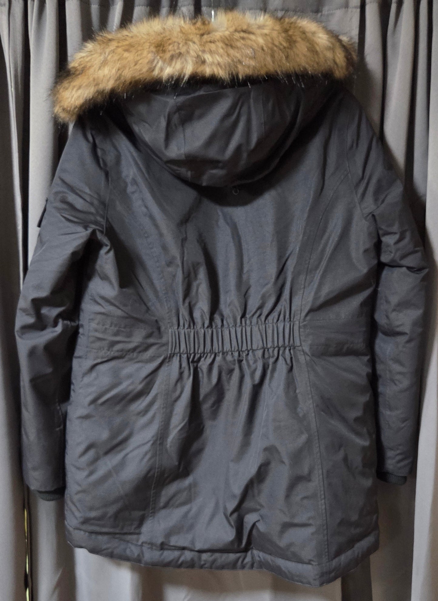 Eddie Bauer Superior Down Parka Jacket Black Faux Fur Hood Women's Size PL POS Nerds