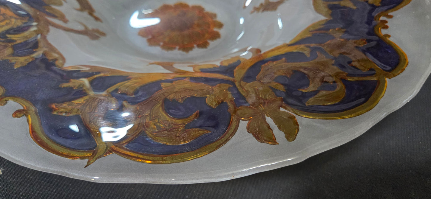 Vintage Venetian Glass Bowl Plate Cobalt Purple Gold Encrusted Rococo Scrollwork POS Nerds