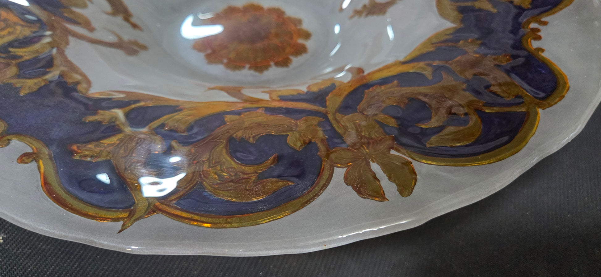 Vintage Venetian Glass Bowl Plate Cobalt Purple Gold Encrusted Rococo Scrollwork POS Nerds