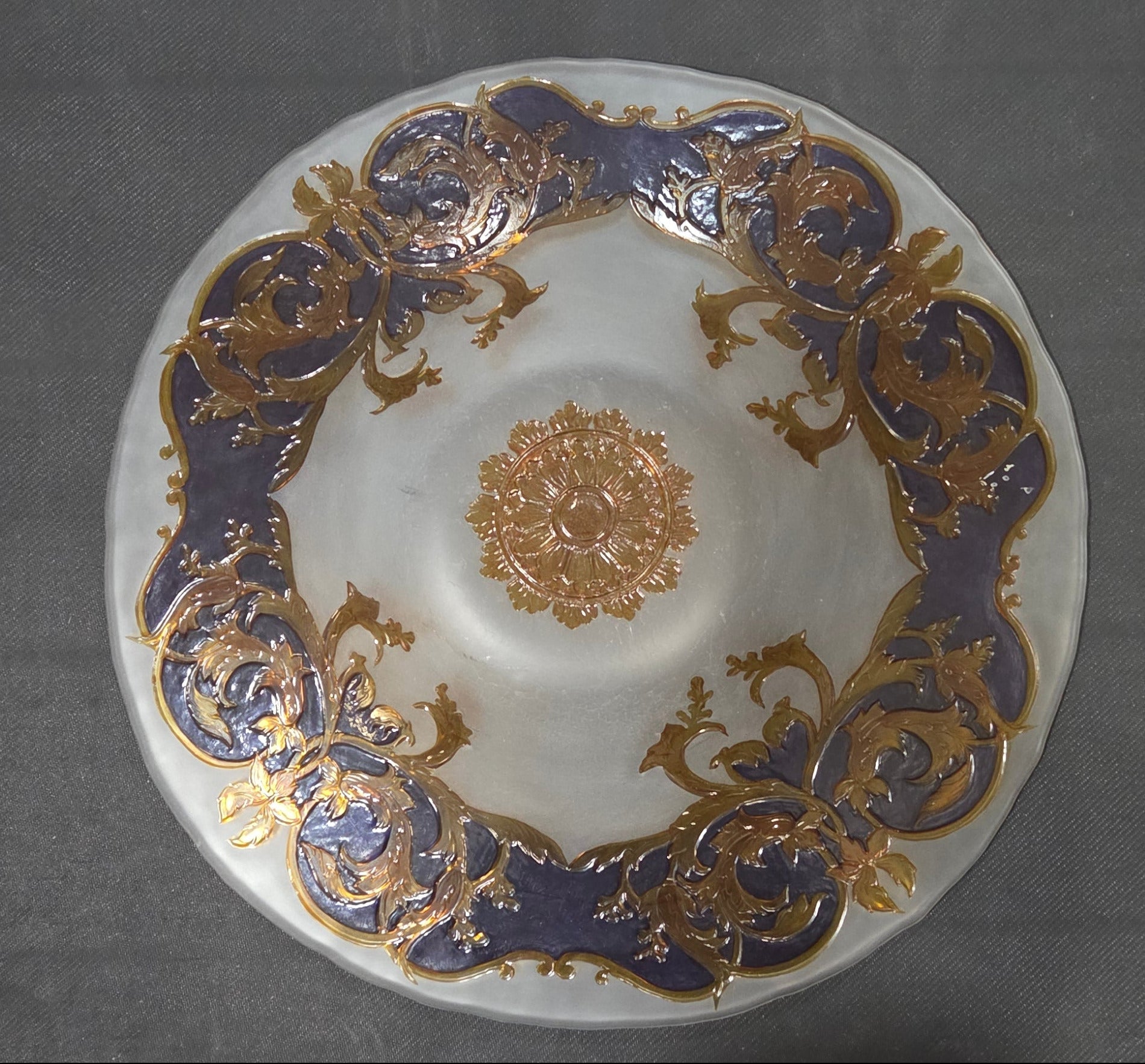 Vintage Venetian Glass Bowl Plate Cobalt Purple Gold Encrusted Rococo Scrollwork POS Nerds