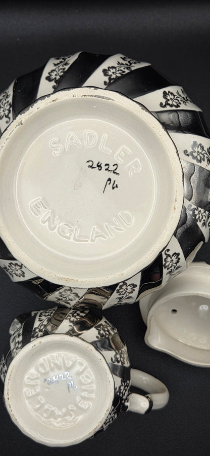 Vintage Sadler England Teapot & Creamer Set ~ Silver Lustre Filigree Swirl ~2422 POS Nerds