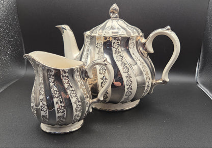 Vintage Sadler England Teapot & Creamer Set ~ Silver Lustre Filigree Swirl ~2422 POS Nerds