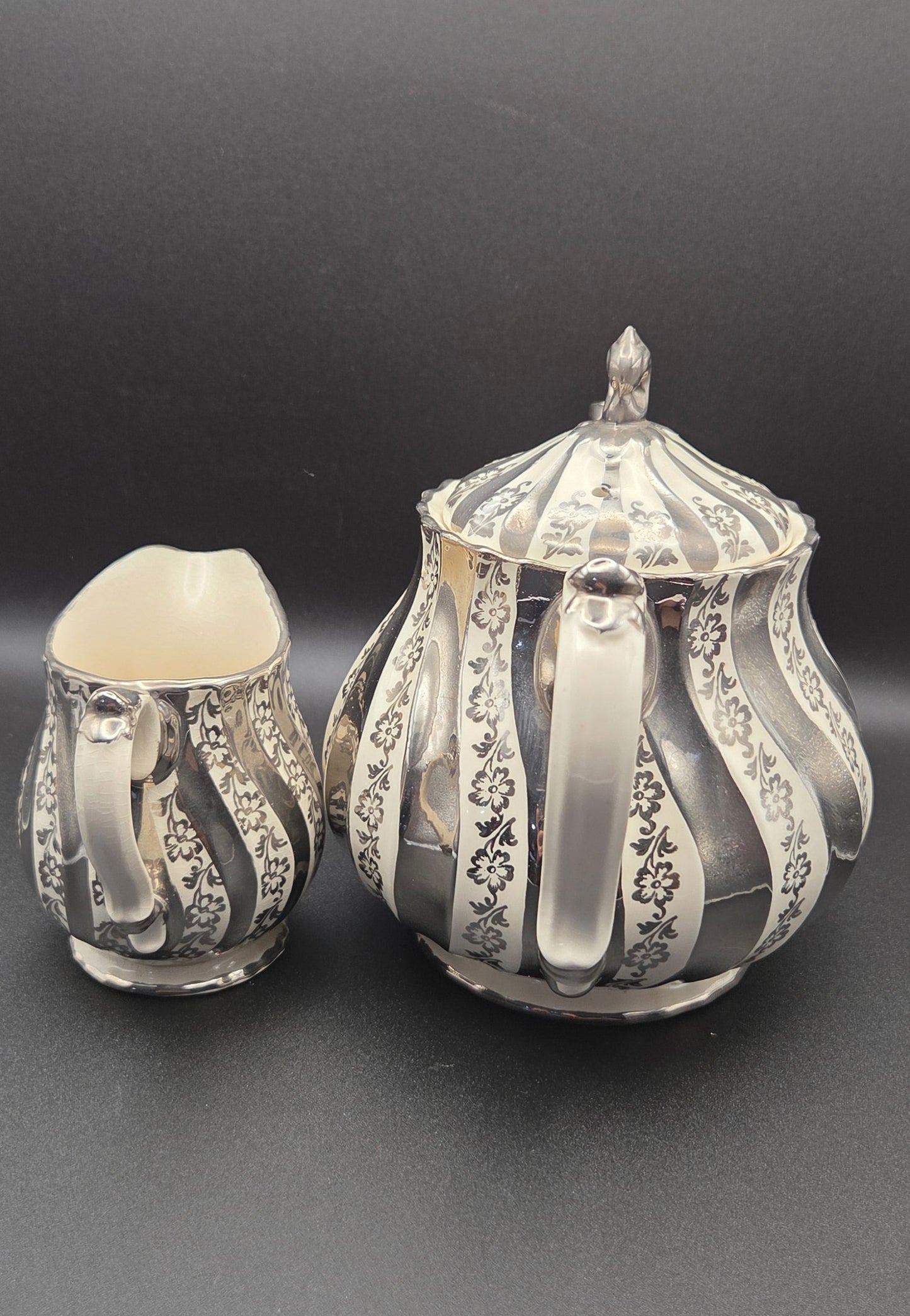Vintage Sadler England Teapot & Creamer Set ~ Silver Lustre Filigree Swirl ~2422 POS Nerds