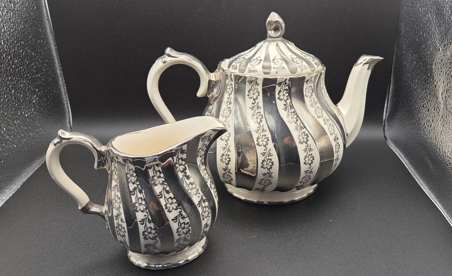 Vintage Sadler England Teapot & Creamer Set ~ Silver Lustre Filigree Swirl ~2422 POS Nerds