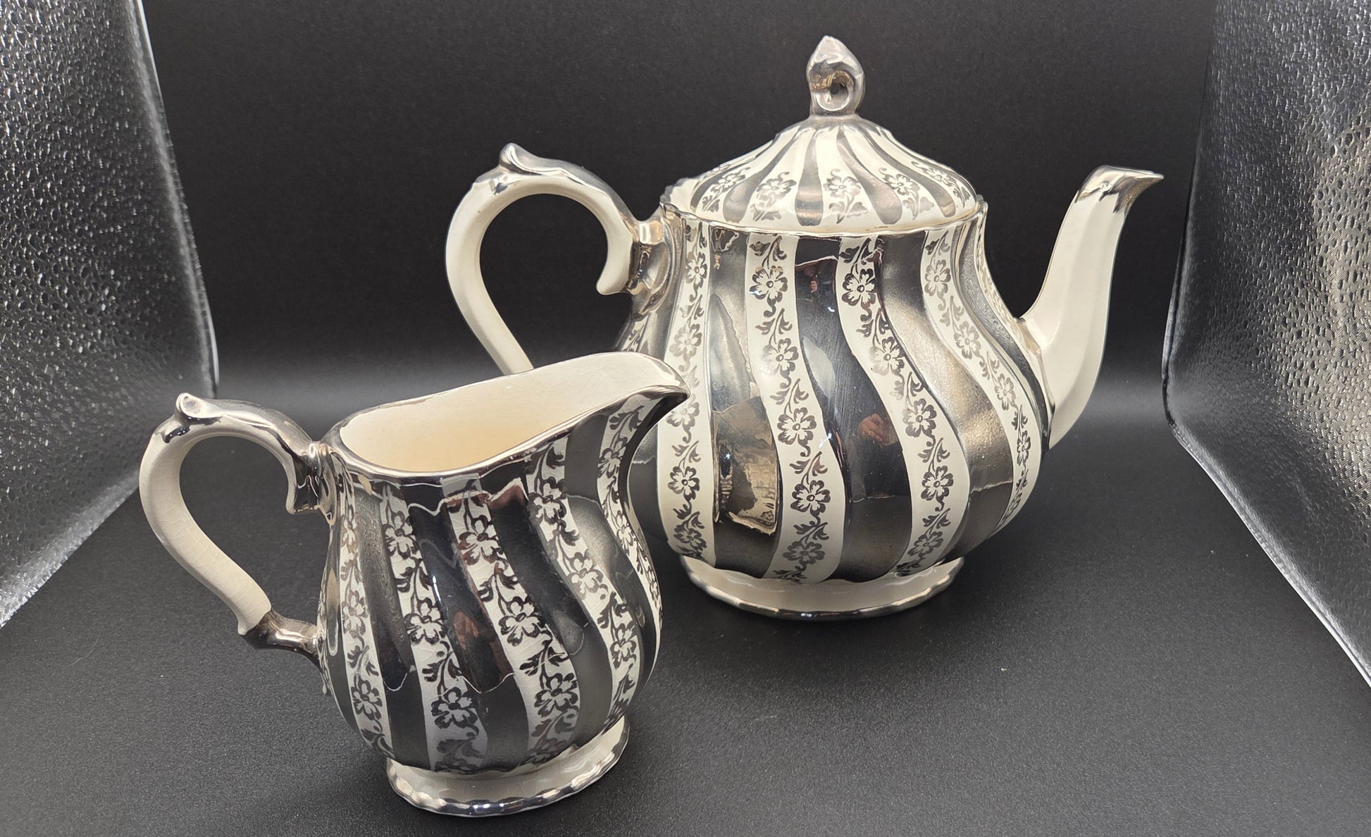 Vintage Sadler England Teapot & Creamer Set ~ Silver Lustre Filigree Swirl ~2422 POS Nerds