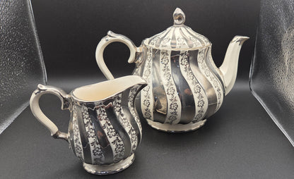 Vintage Sadler England Teapot & Creamer Set ~ Silver Lustre Filigree Swirl ~2422 POS Nerds