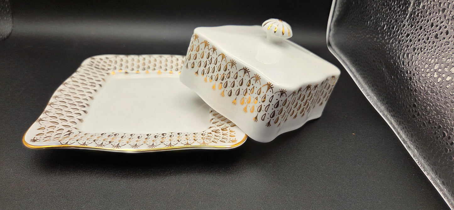 Vintage Queen Anne Bone China Covered Butter Dish ~ Gold Filigree Starburst POS Nerds