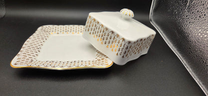 Vintage Queen Anne Bone China Covered Butter Dish ~ Gold Filigree Starburst POS Nerds