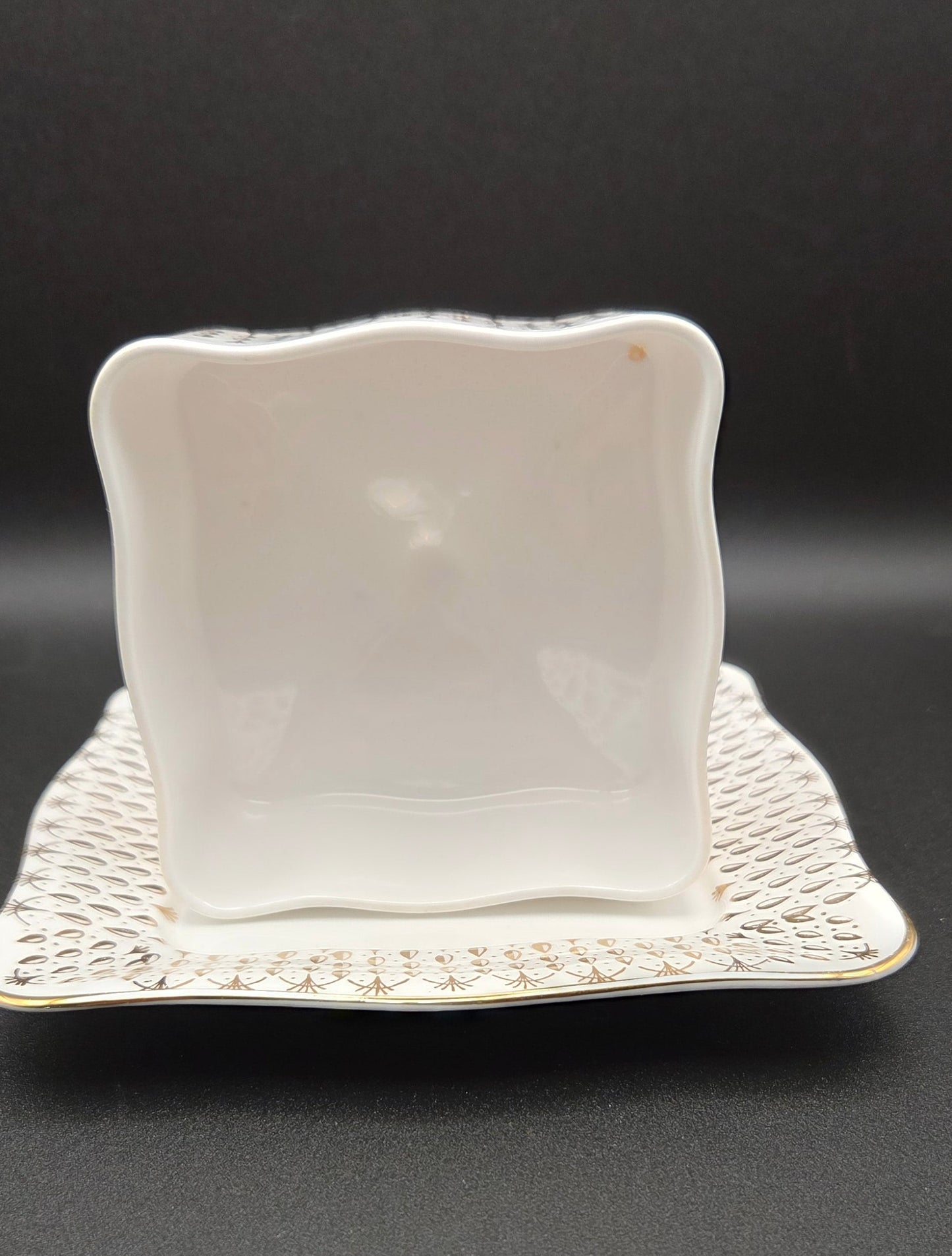 Vintage Queen Anne Bone China Covered Butter Dish ~ Gold Filigree Starburst POS Nerds