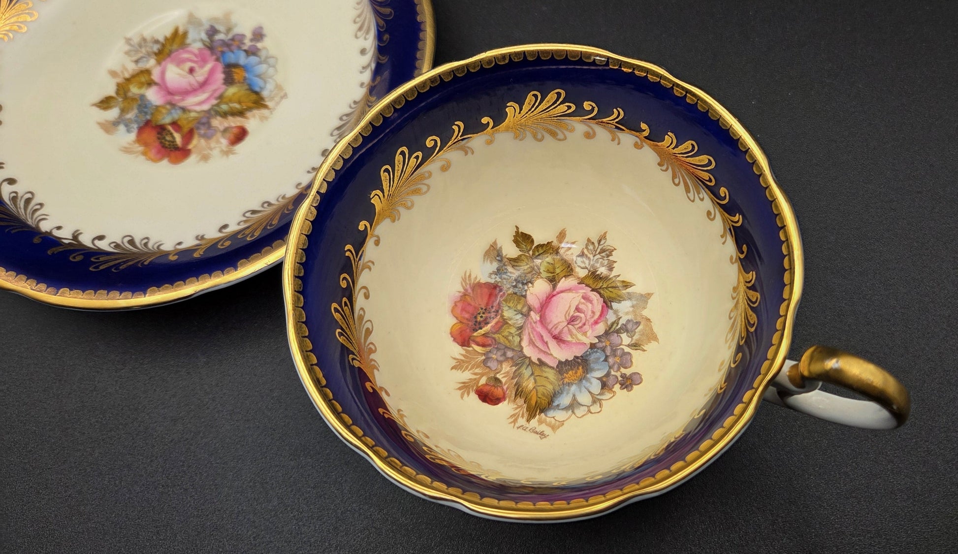 Vintage Aynsley England Fine Bone China Teacup & Saucer Set - Cobalt Blue & Gold POS Nerds